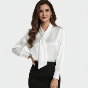 Blouse satinée élégante avec nœud lavallière pour femme