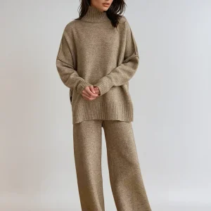 Ensemble pull à col roulé tricoté pour femme
